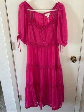 Rachel Parcell bright pink tiered chiffon midi dress puffy sleeves Size Small